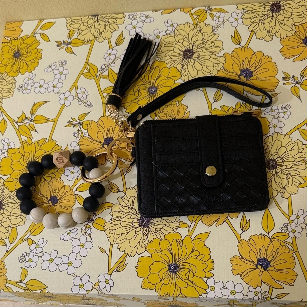 Black Quilted Wallet / Card Holder with a Tassel and Stretchy Beaded Bracelet